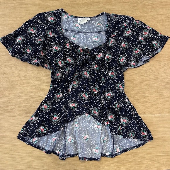 Vintage Women's G.S.L Size S Floral Polkadot Flutter Sleeve Blouse - Picture 1 of 7